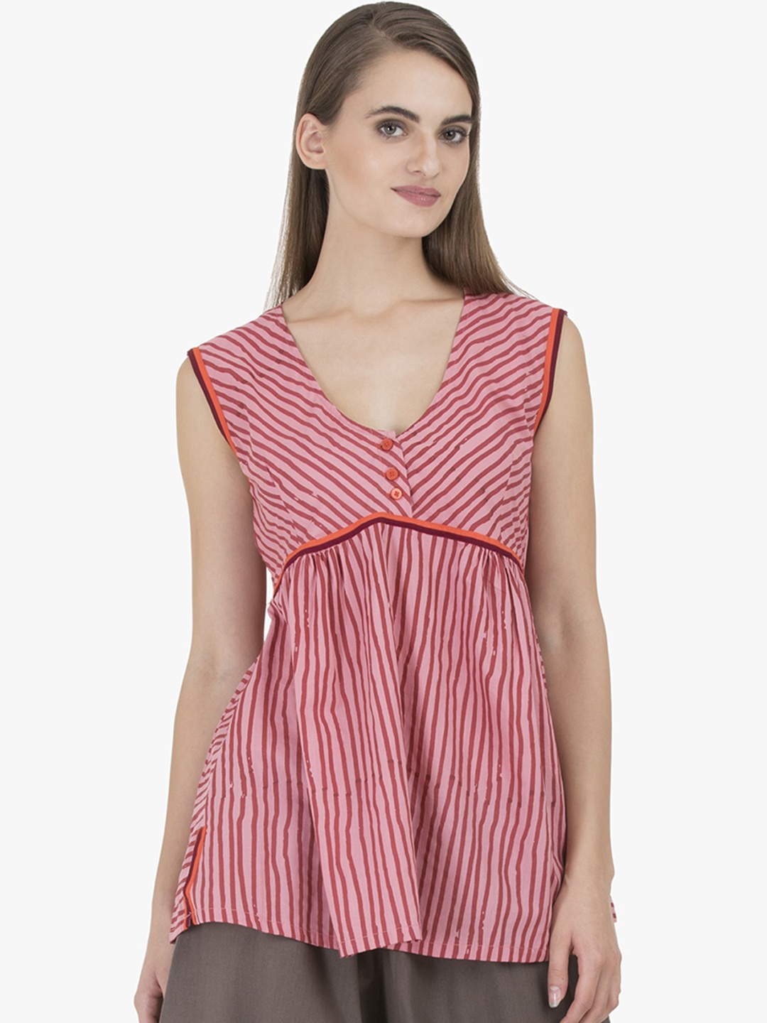 

GRASS by Gitika Goyal Women Pink & Maroon Striped Tunic
