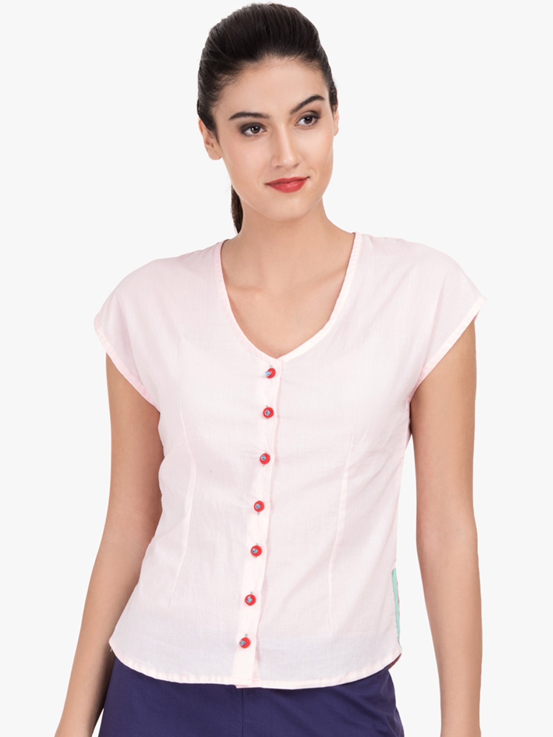 

GRASS by Gitika Goyal Women Pink Solid Pure Cotton Top