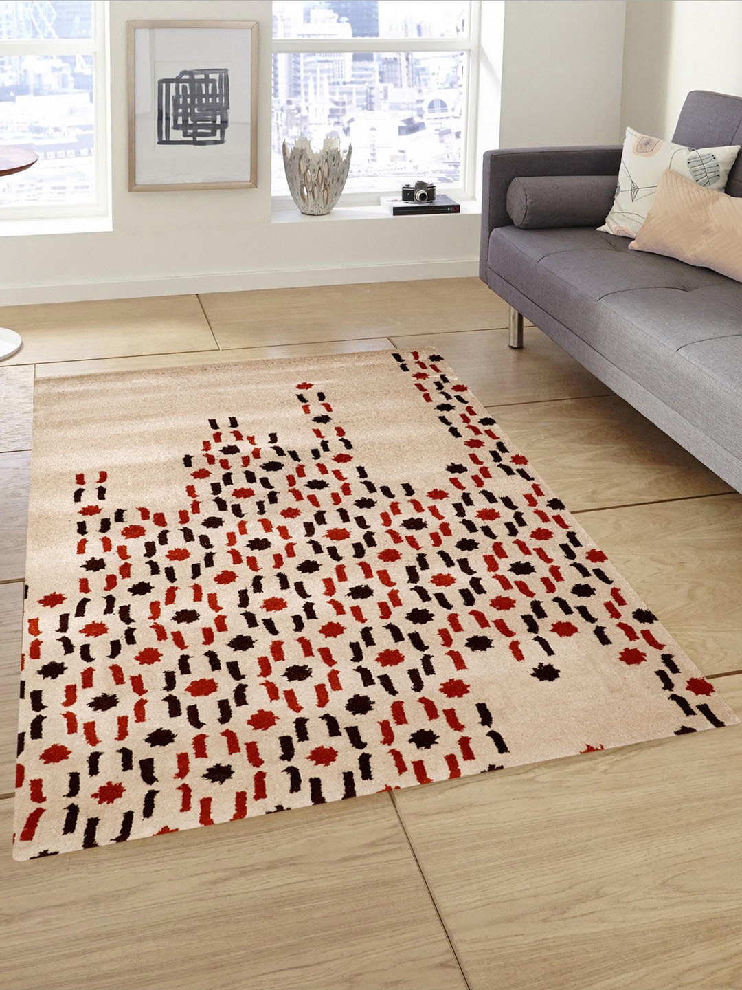 

PRESTO Beige & Brown Printed Hand Tufted Wool Anti-Skid Carpet