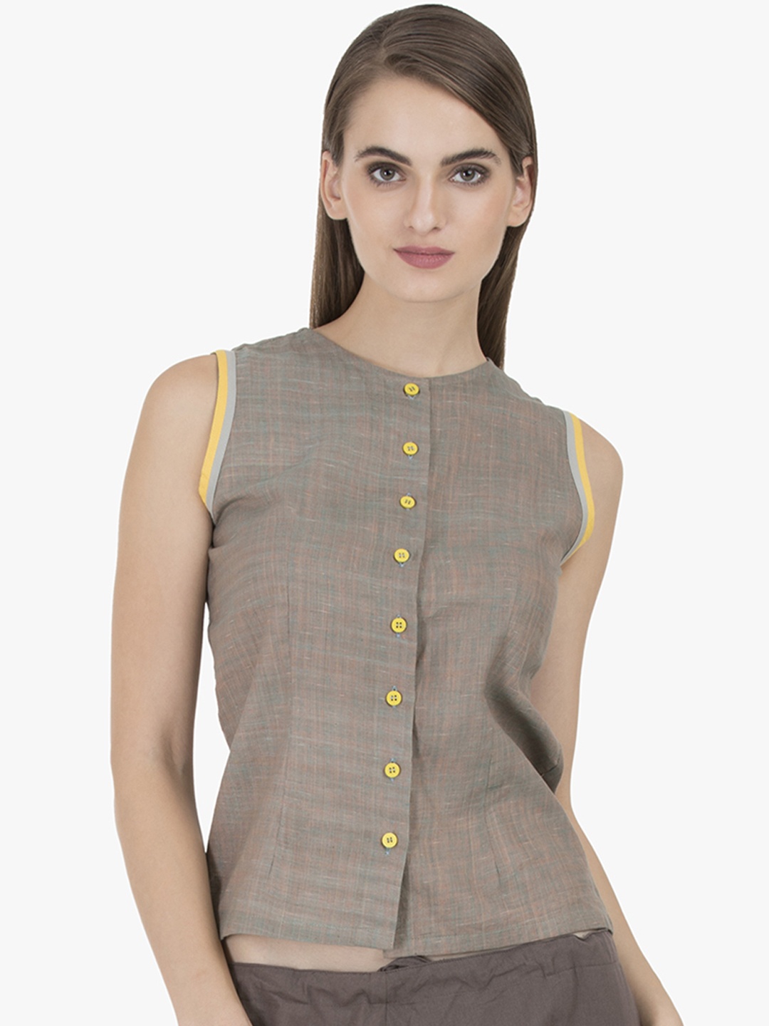GRASS by Gitika Goyal Women Khaki Self Design Pure Cotton Top