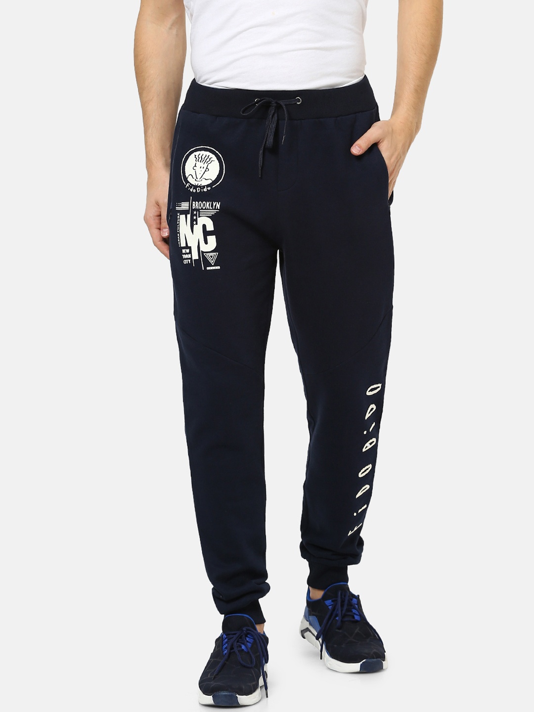

FIDO DIDO Men Navy Blue & White Printed Slim-Fit Joggers