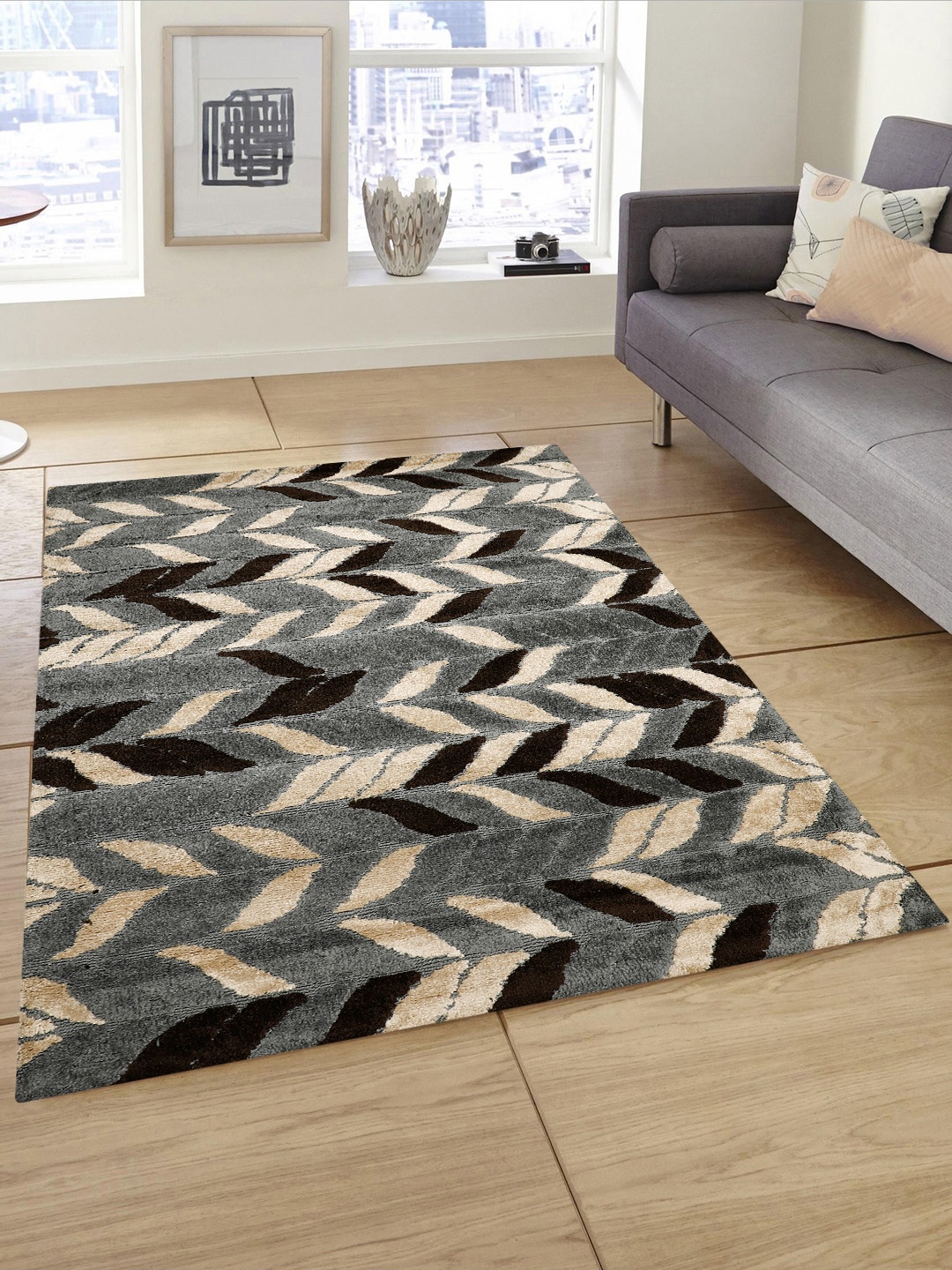 PRESTO Brown & Beige Printed Anti-Skid Carpet, Grey