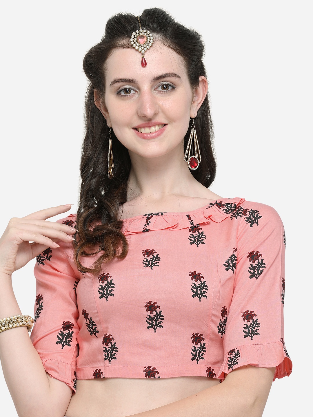

Janasya Women Peach-Coloured and Maroon Floral Printed Saree Blouse