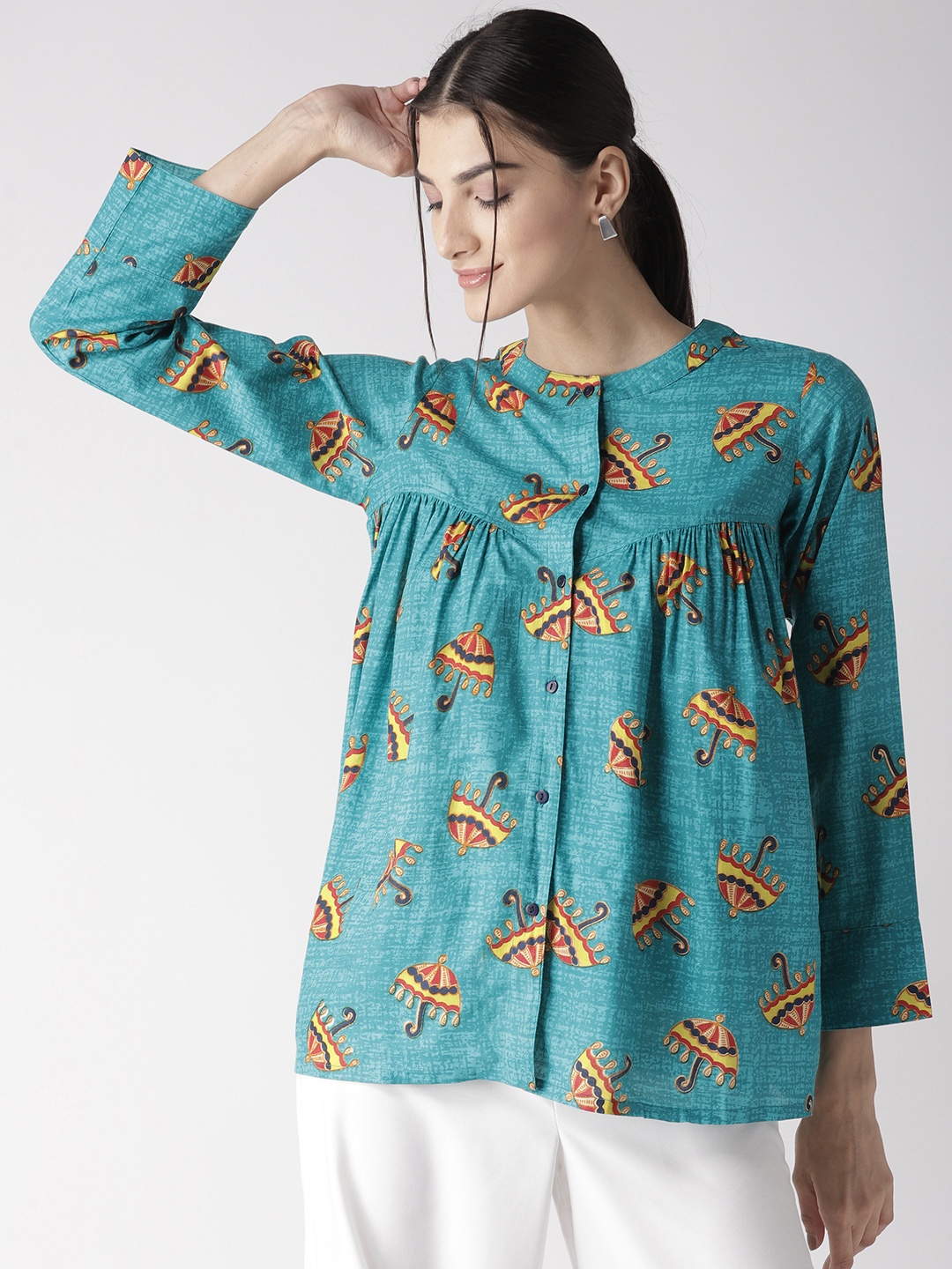 

plusS Women Turquoise Blue Umbrella Print Shirt Style Top