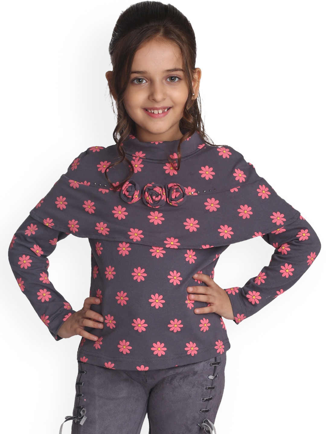 

CUTECUMBER Girls Grey & Pink Floral Printed Top