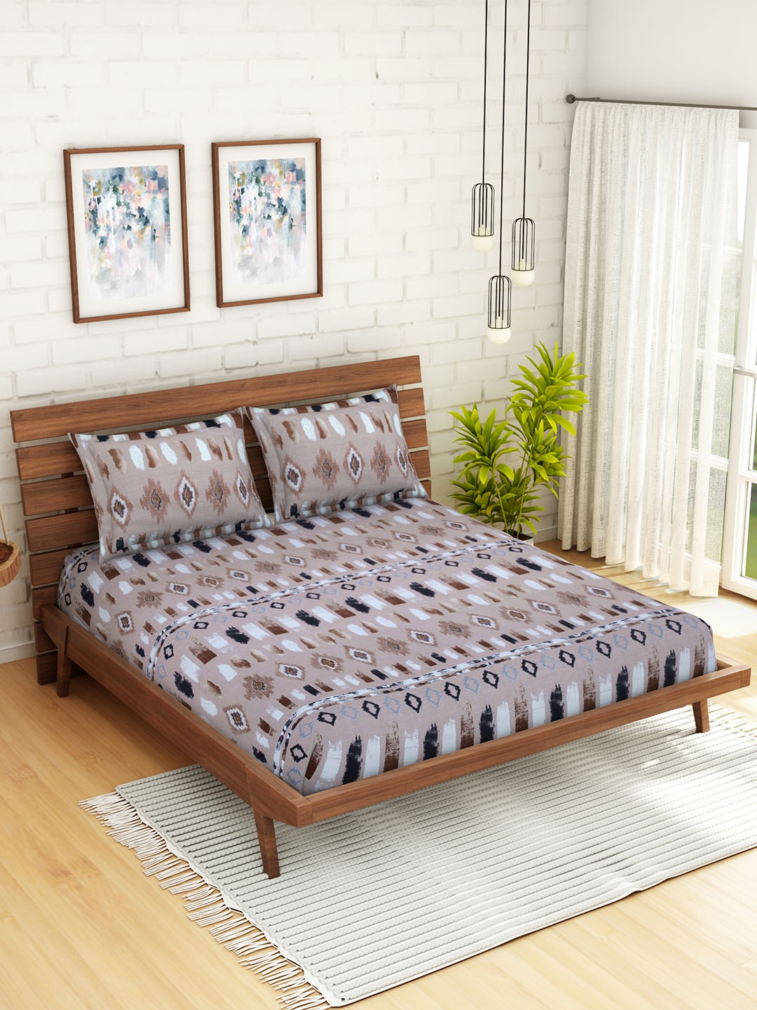 

WELHOME Beige Geometric 200 TC 1 Microfibre Queen Bedsheet with 2 Pillow Covers