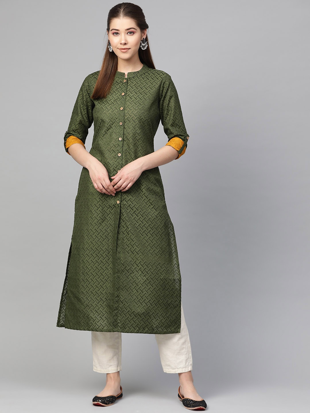 

Jompers Women Olive Green & White Embroidered Kurta with Trousers