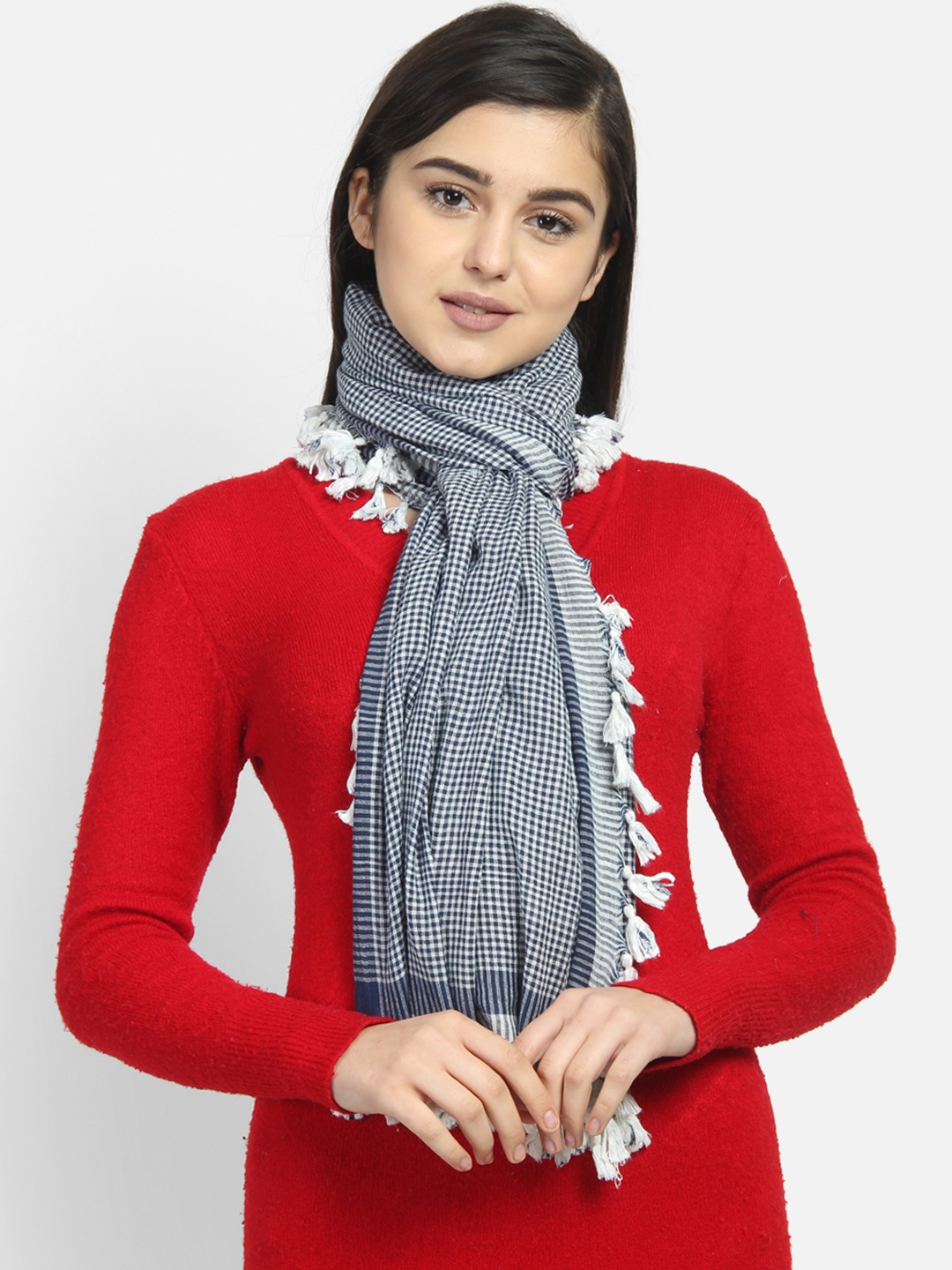 

Anekaant Women Navy Blue & Off-White Checked Stole