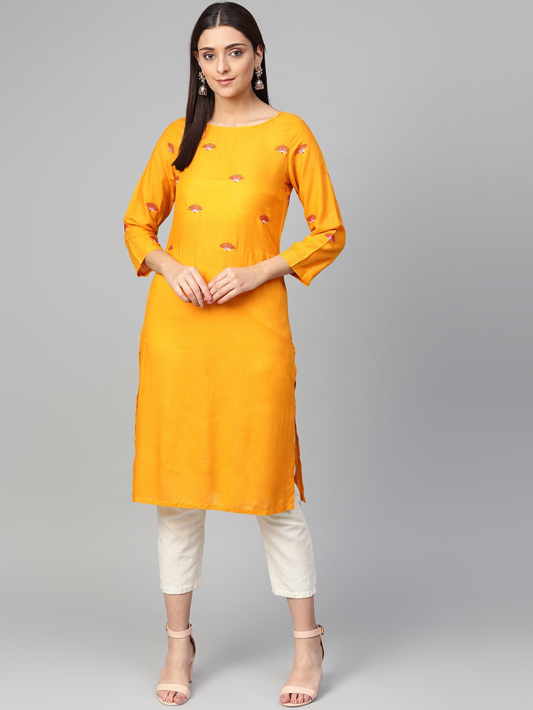 

Jompers Women Mustard Yellow Embroidered Kurta with Trousers