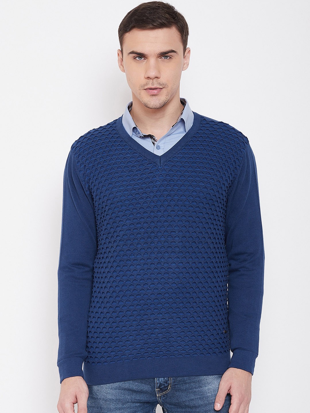 

Duke Men Blue Self Design Pullover Sweater