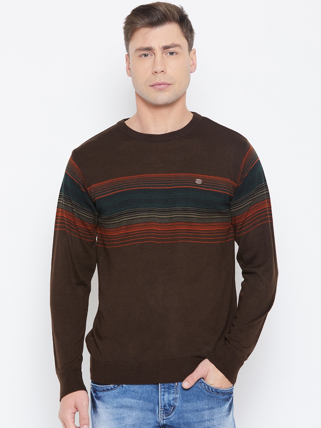 

Duke Men Coffee Brown Striped Pullover Sweater