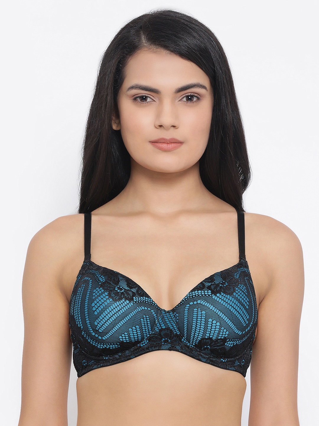 

Clovia Black & Green Lace Padded Wirefree Demi Cup Bra BR2021P1332B