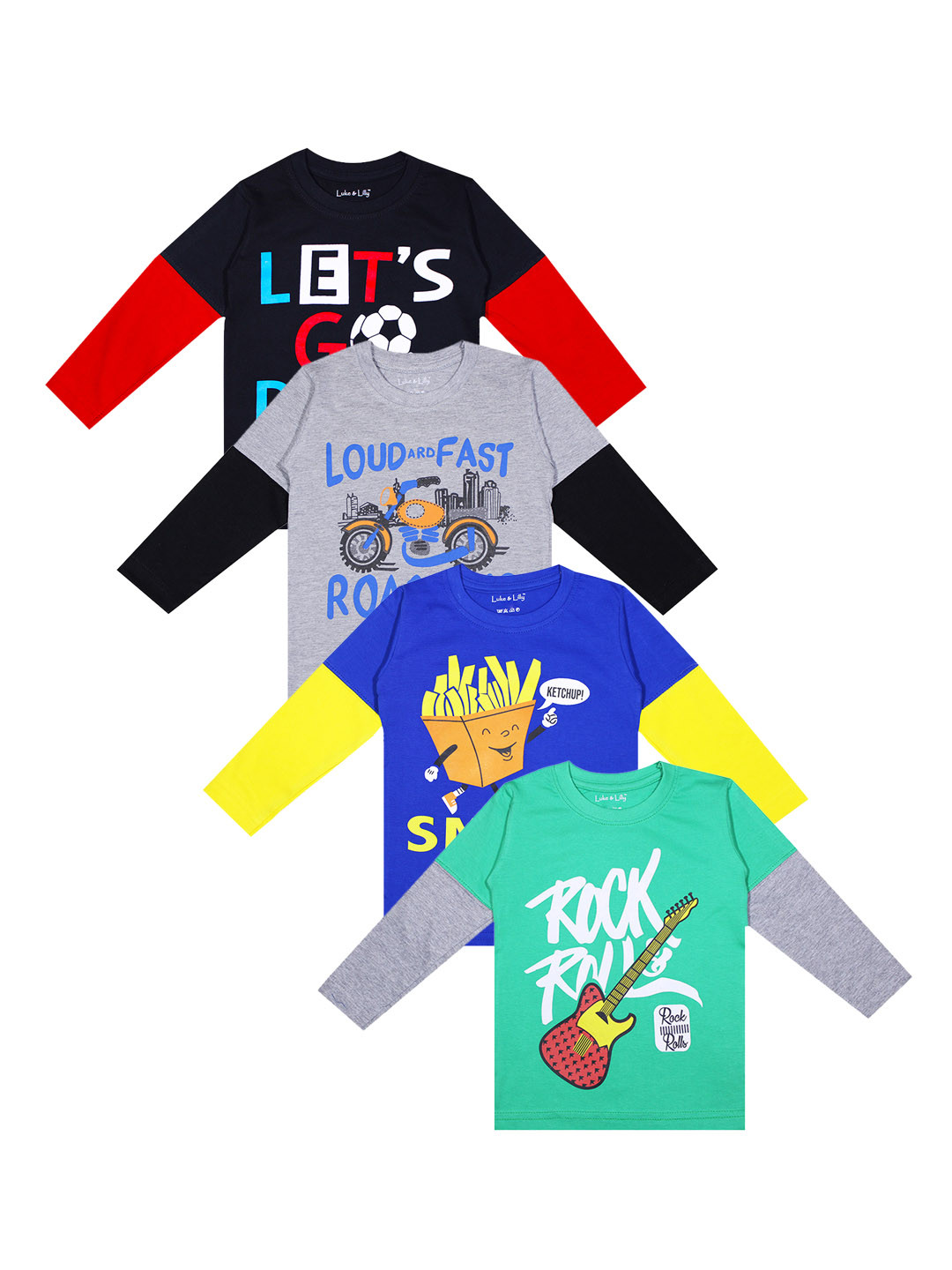 

Luke Lilly Boys Pack of 4 Printed Round Neck Pure Cotton T-shirts, Blue