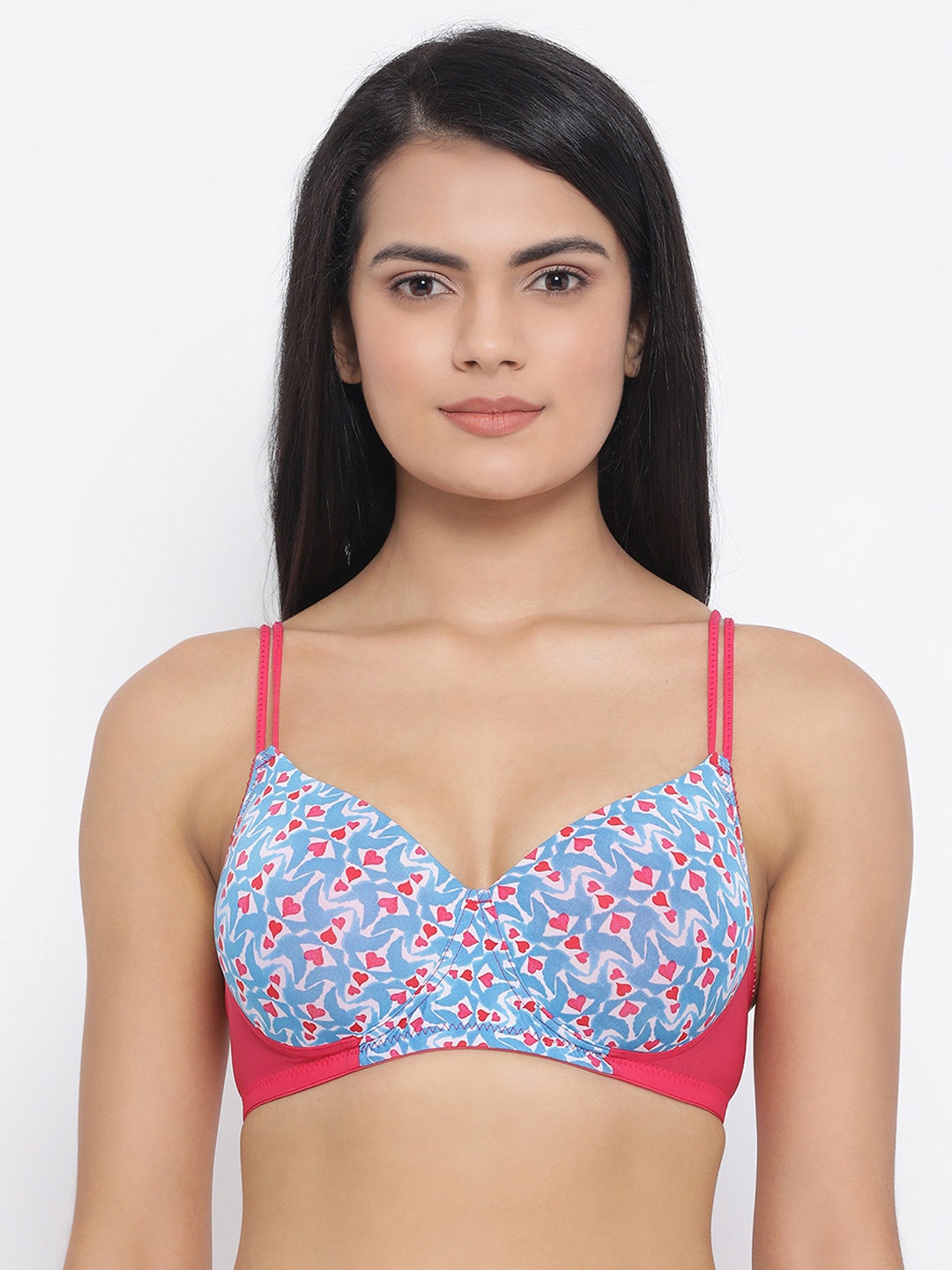 

Clovia Blue & Pink Printed Non-Wired Lightly Padded T-shirt Bra BR1737M0332B