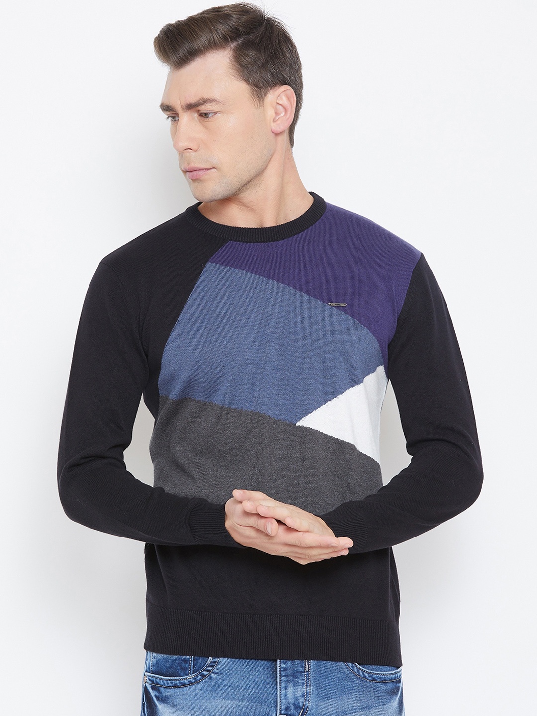 

Duke Men Grey Colourblocked Woolen Pullover Sweater