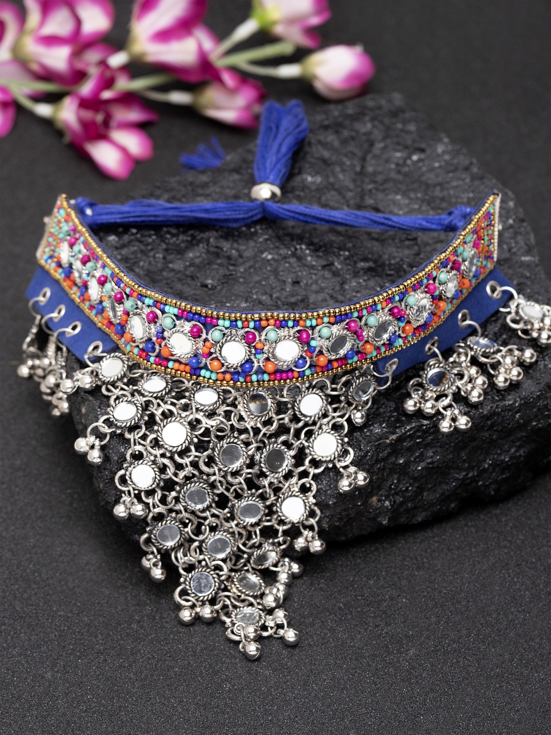 

Moedbuille Blue & silver-Toned German Silver Handcrafted Oxidised Afghan Necklace