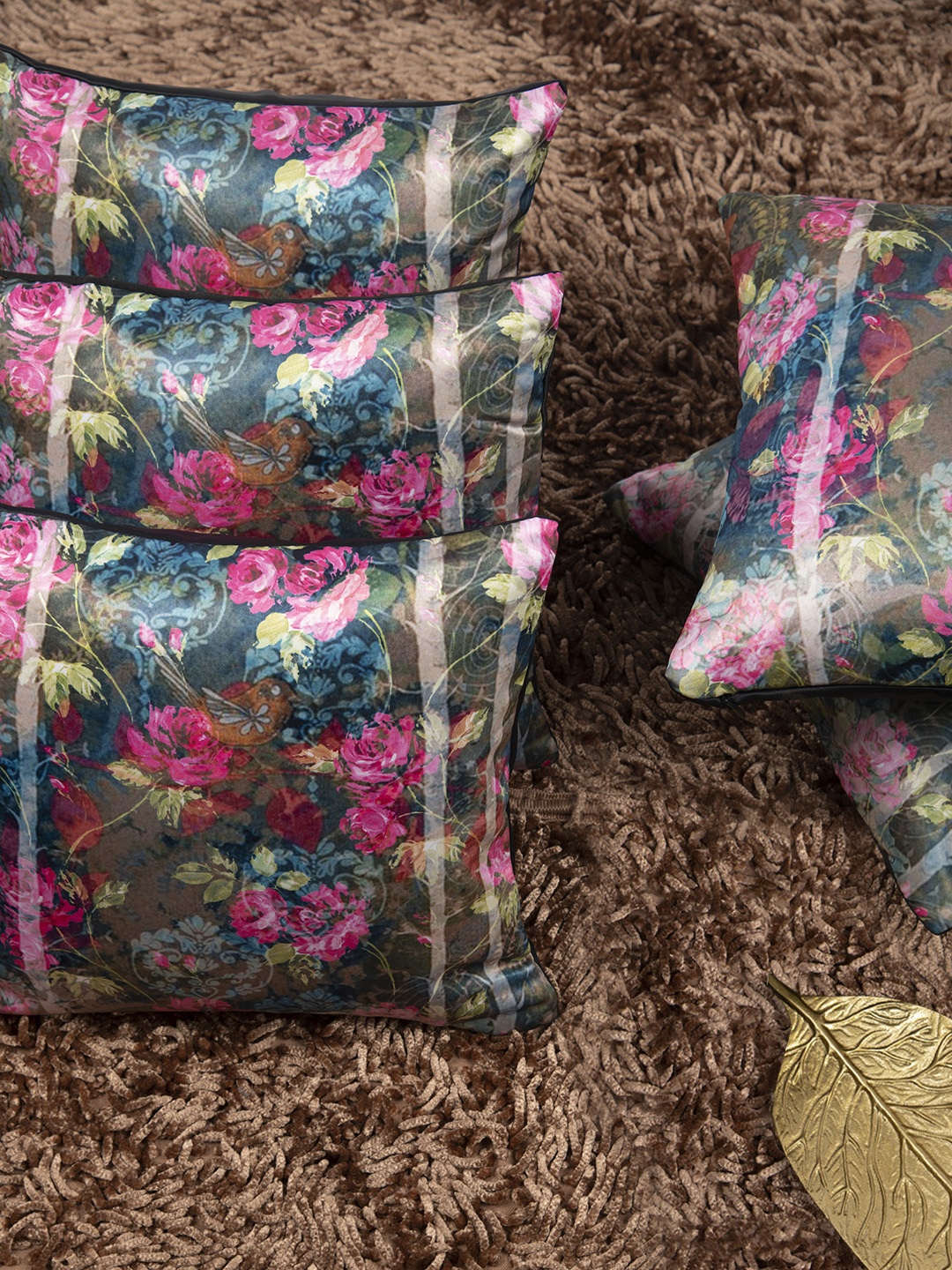 HOUZZCODE Set of 5 Green & Pink Floral Square Cushion Covers