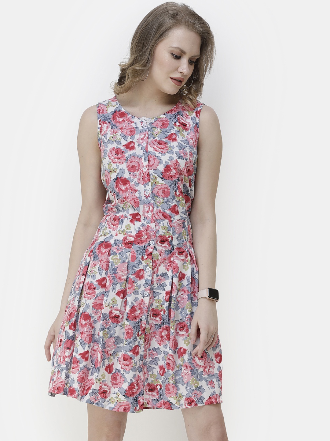 

SCORPIUS Women Pink Floral Printed Fit and Flare Dress