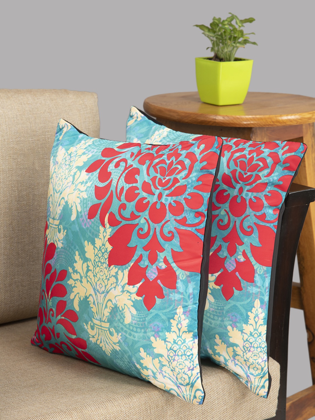 HOUZZCODE Sea Green & White Set of 2 Ethnic Motifs Square Cushion Covers