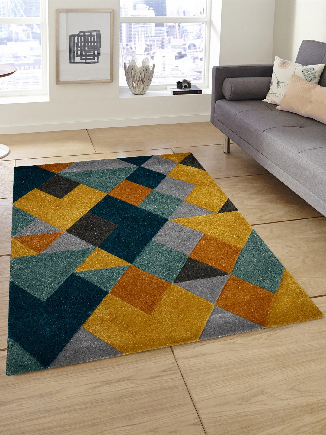 

PRESTO Teal Blue & Mustard Orange Geometric Anti-Skid Hand Tufted Woolen Carpet