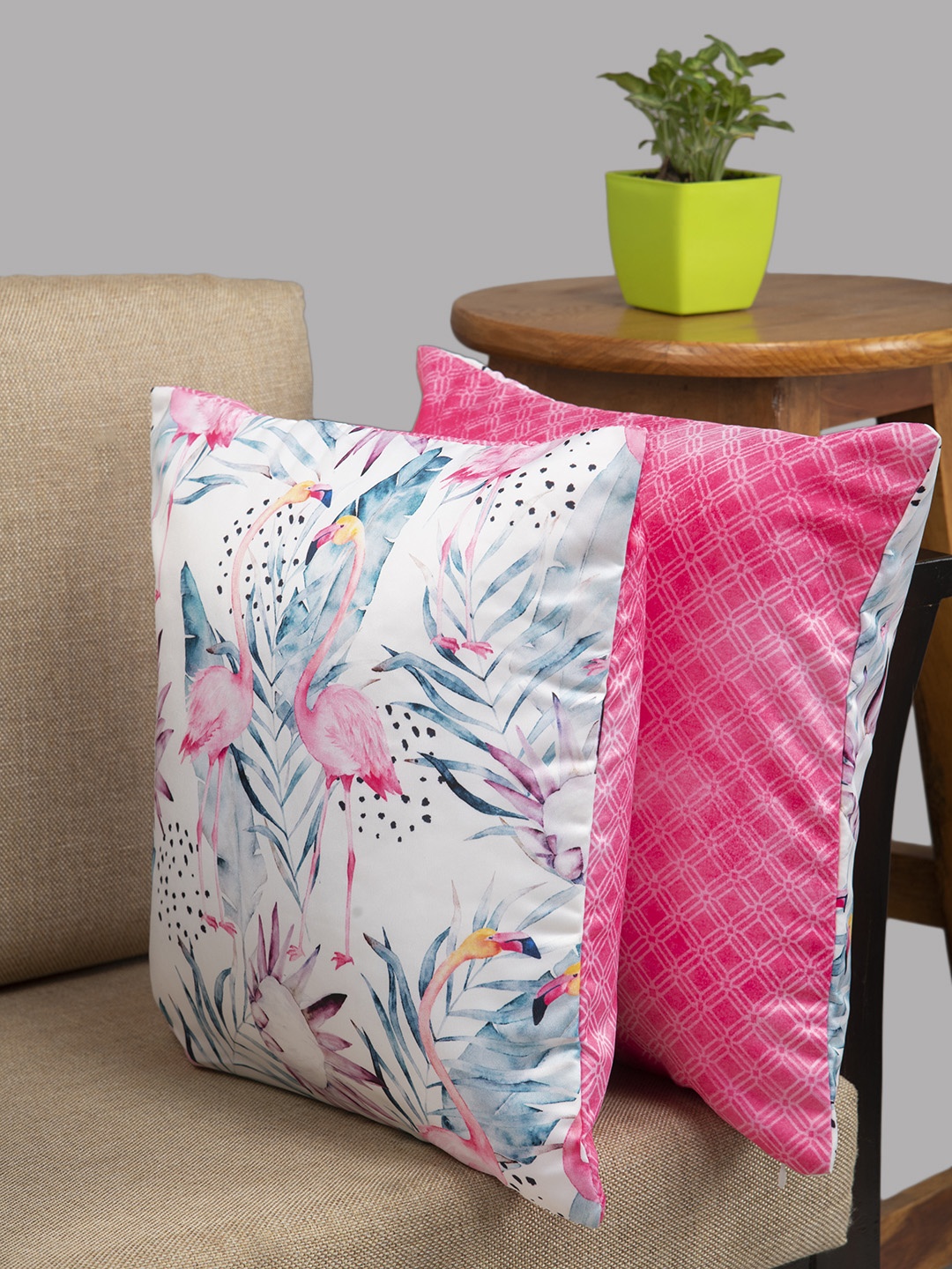 HOUZZCODE Off-White & Pink Set of 2 Floral Square Cushion Covers