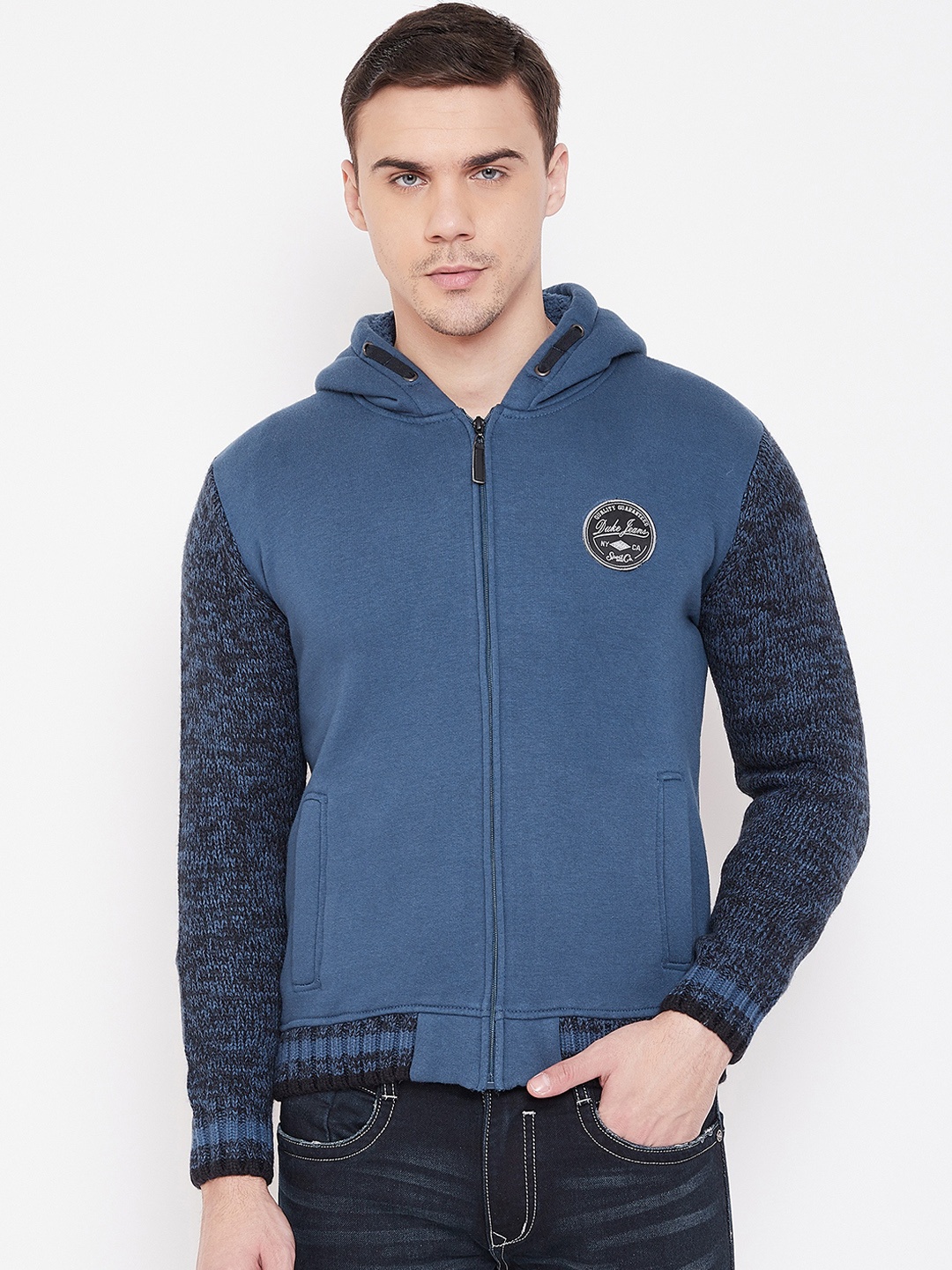 

Duke Men Blue Solid Woolen Front-Open Sweater
