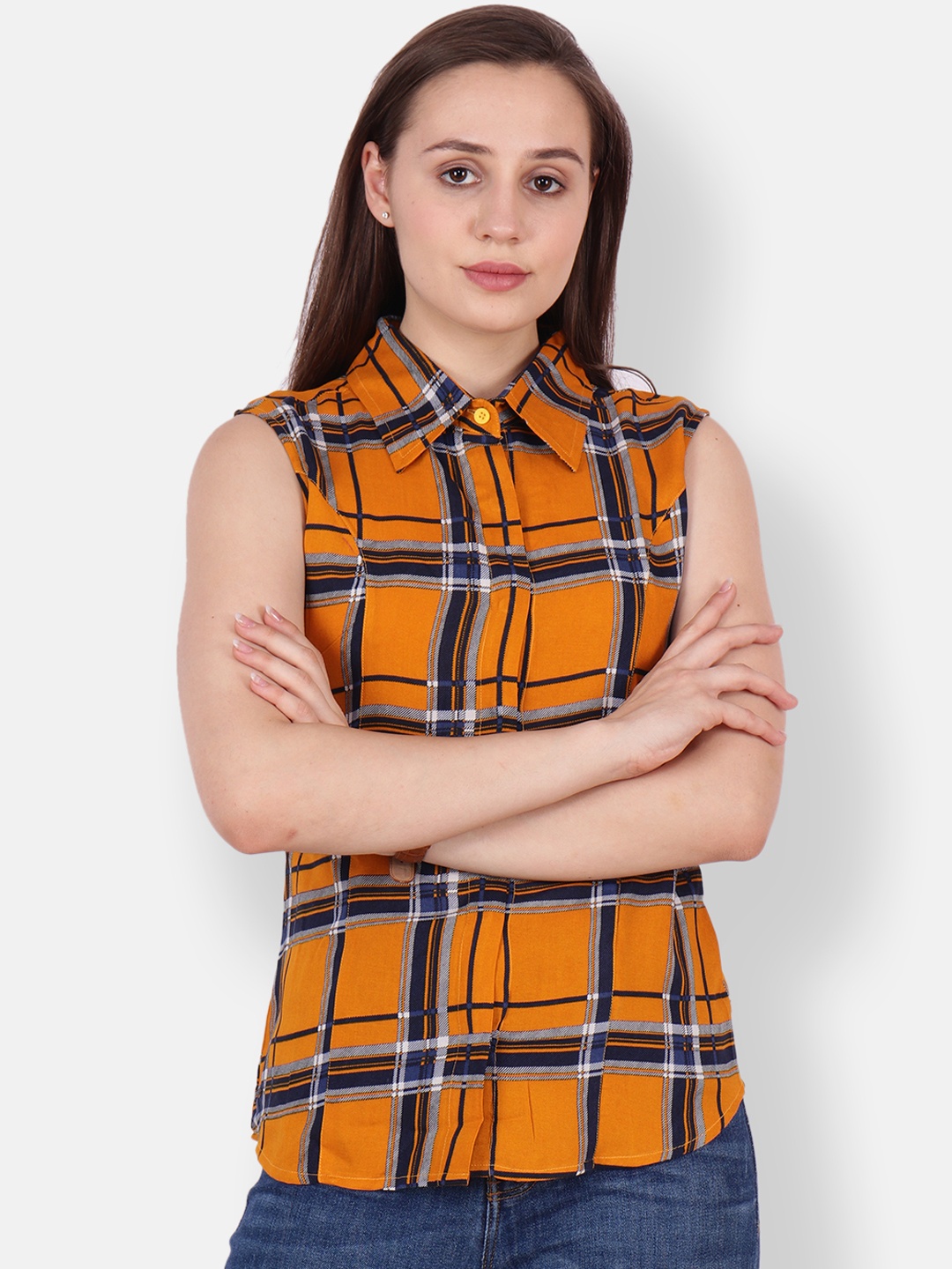

SCORPIUS Women Yellow & Blue Slim Fit Checked Casual Shirt