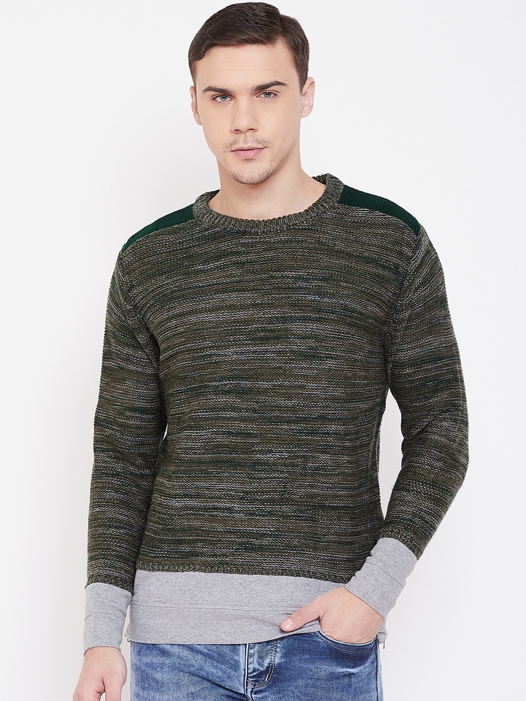 

Duke Men Olive Green Self Design Woolen Pullover Sweater