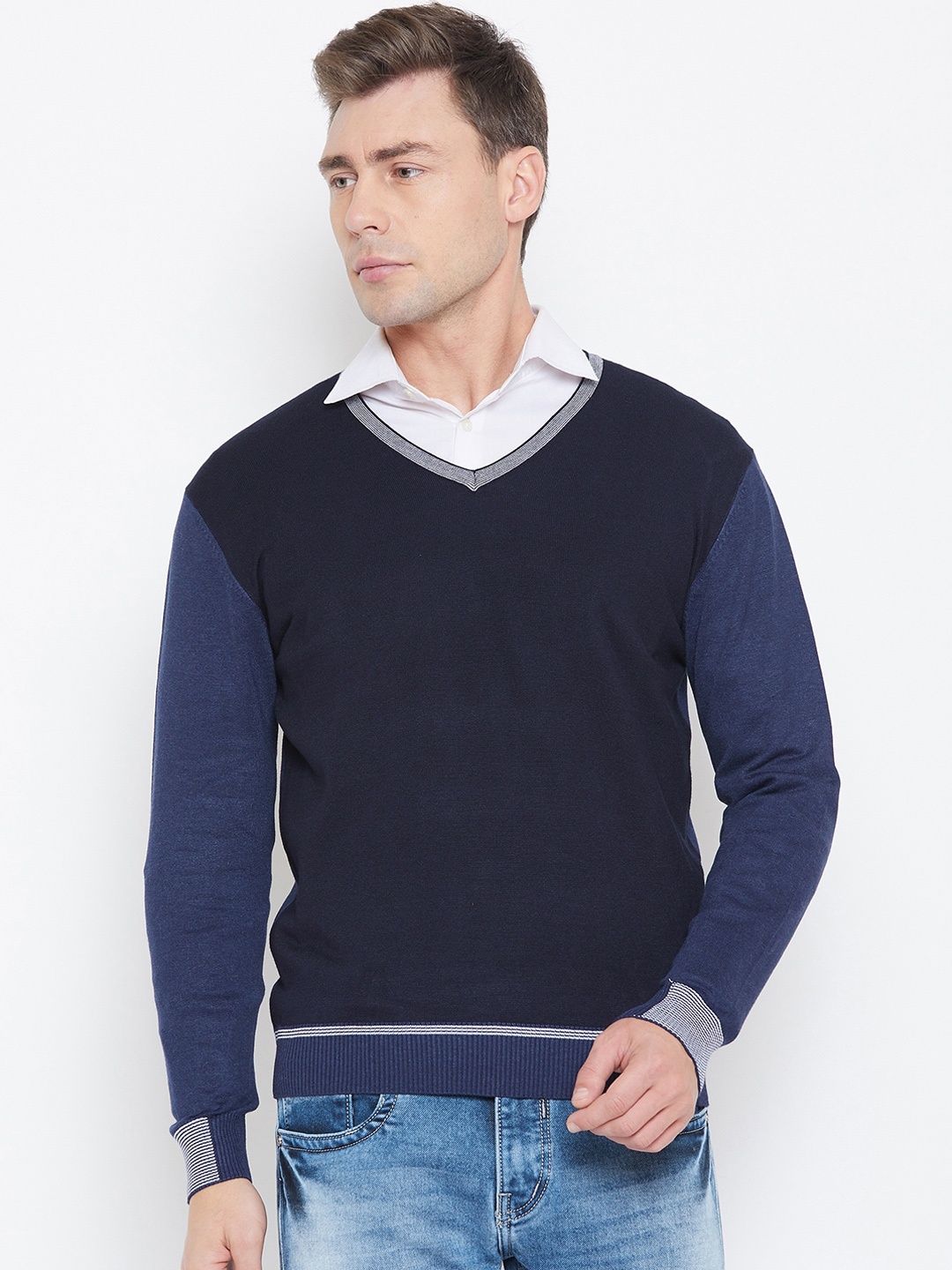 

Duke Men Navy Blue Colourblocked Pullover Sweater