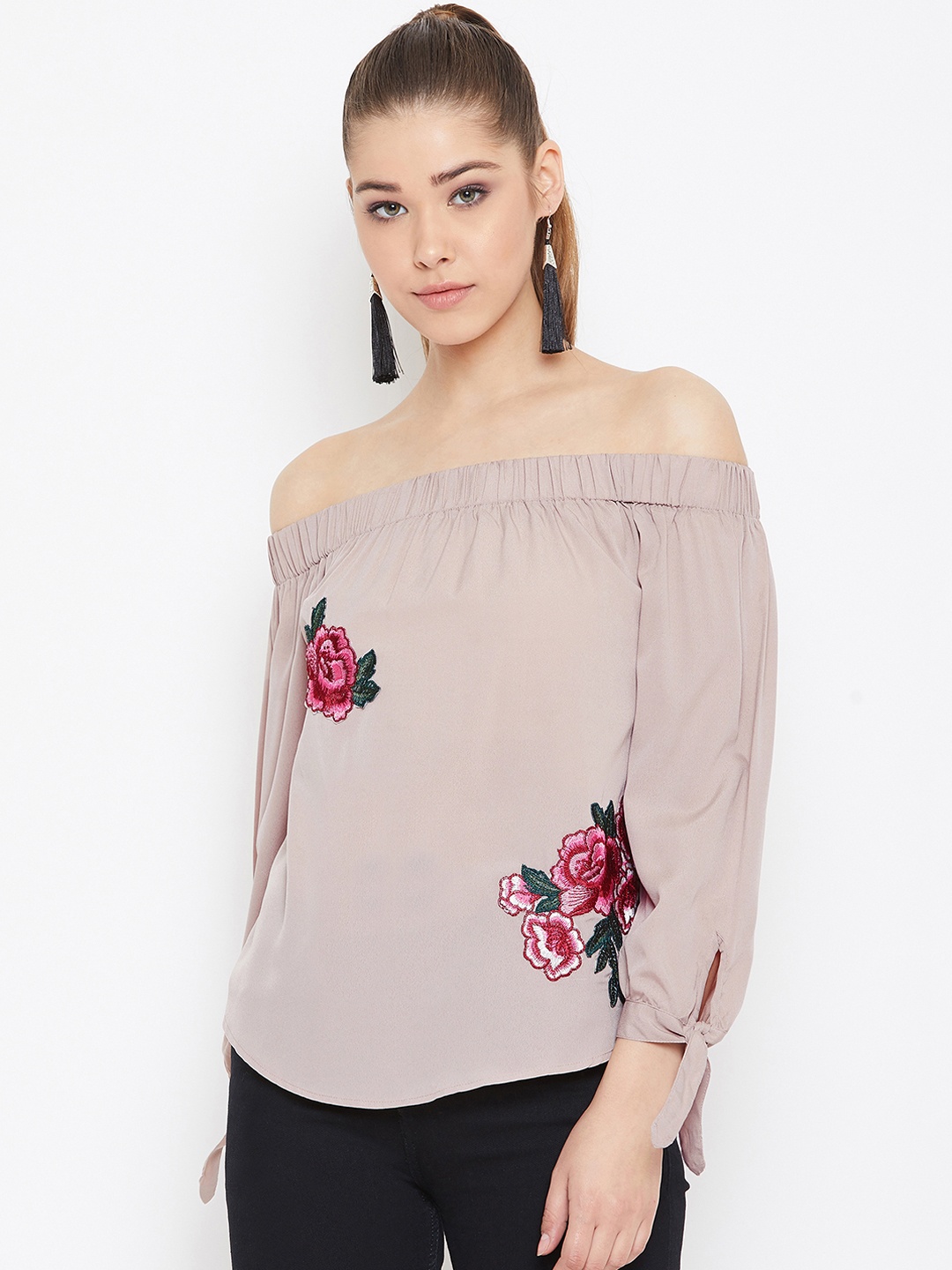 

PURYS Women Beige Embroidered Bardot Top
