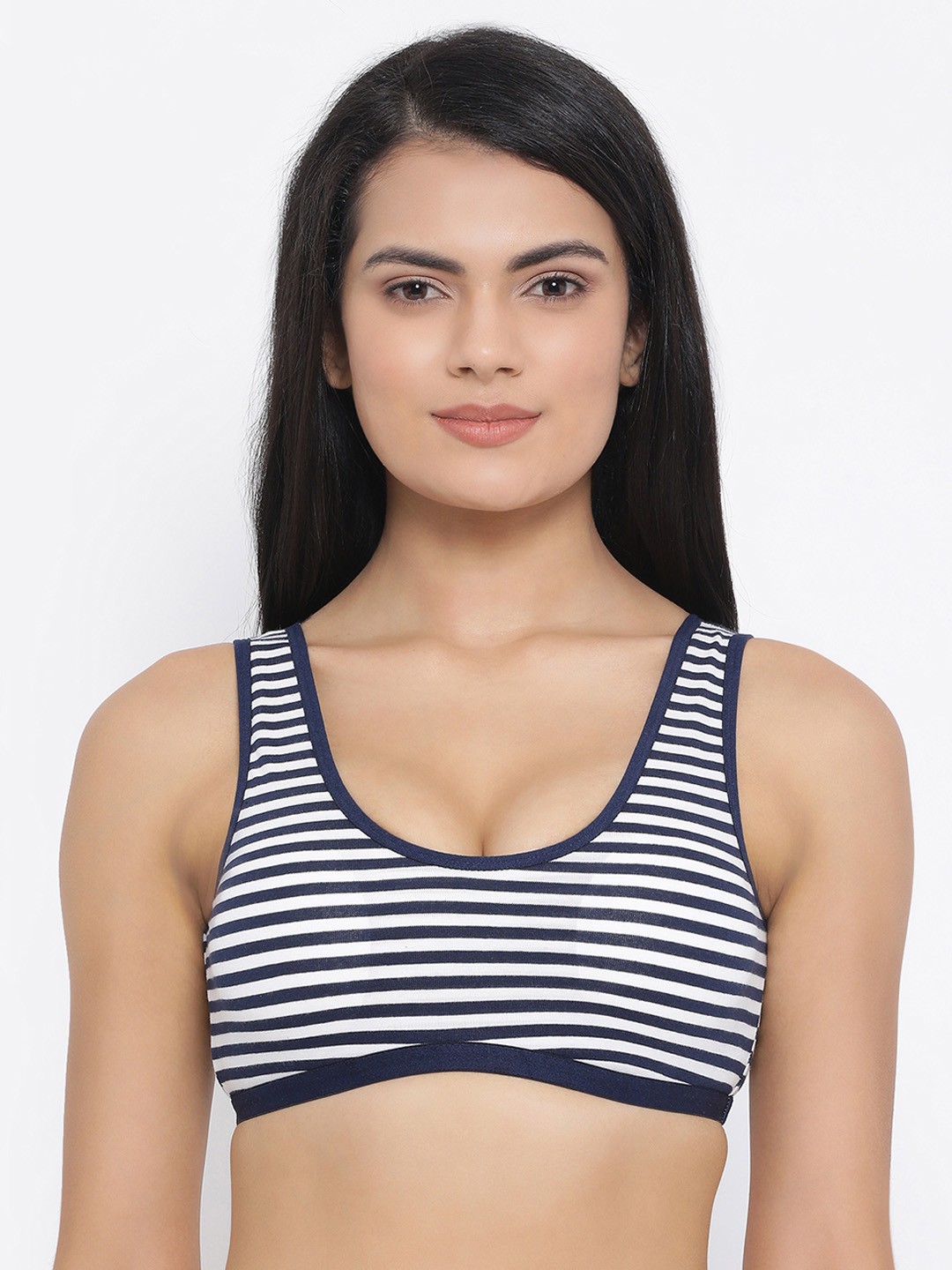 

Clovia White & Navy Blue Striped Non-Wired Lightly Padded Beginners Bra BB0019P1826