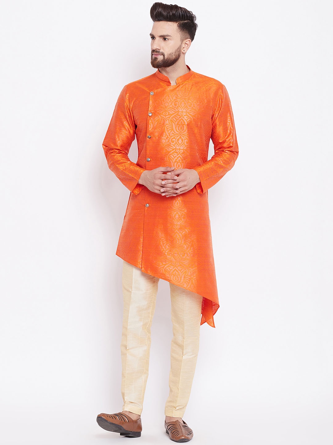

See Designs Men Orange & Beige Printed Silk Kurta with Pyjamas