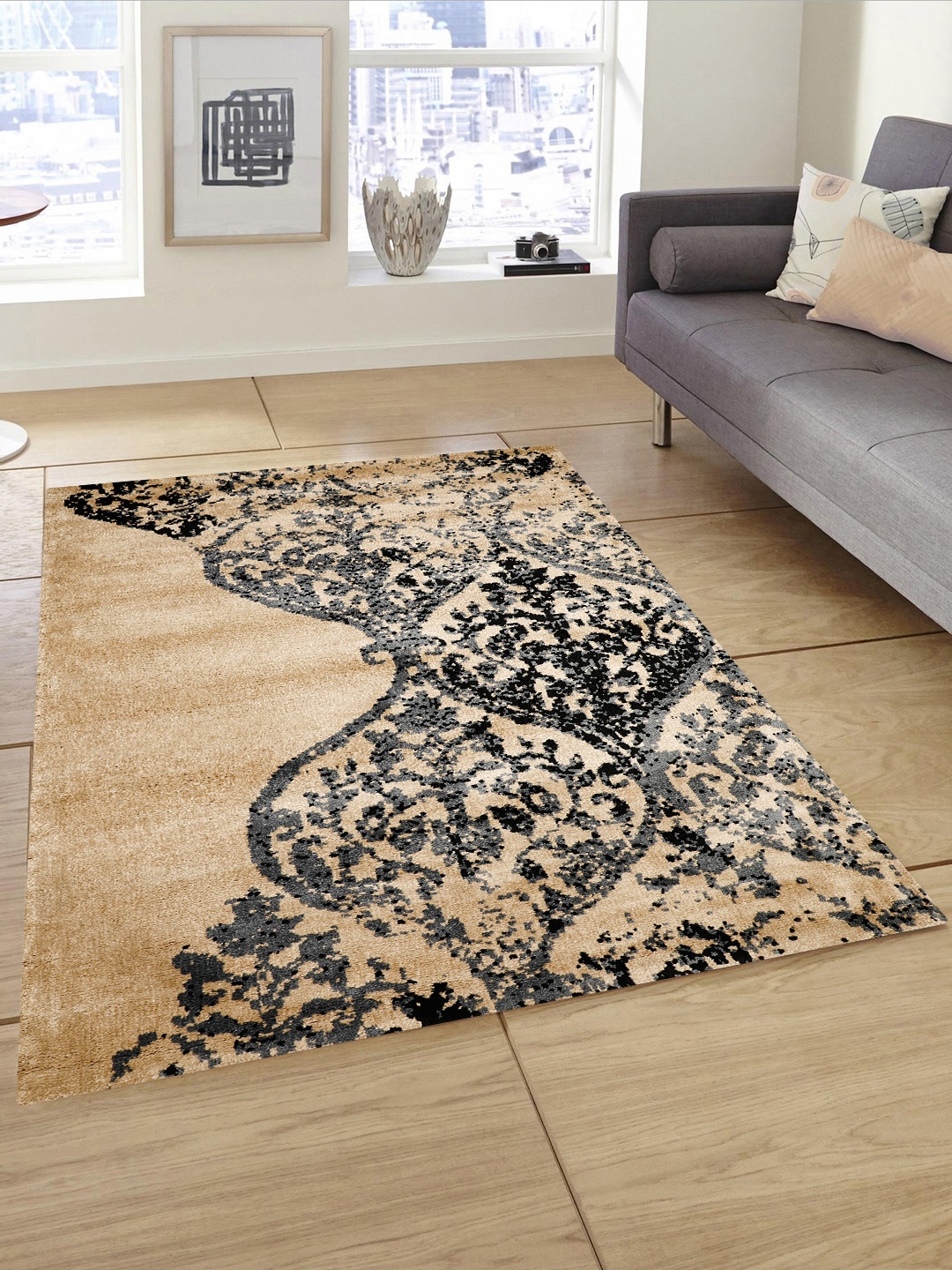 PRESTO Gold-Toned & Grey Printed Anti-Skid Carpet