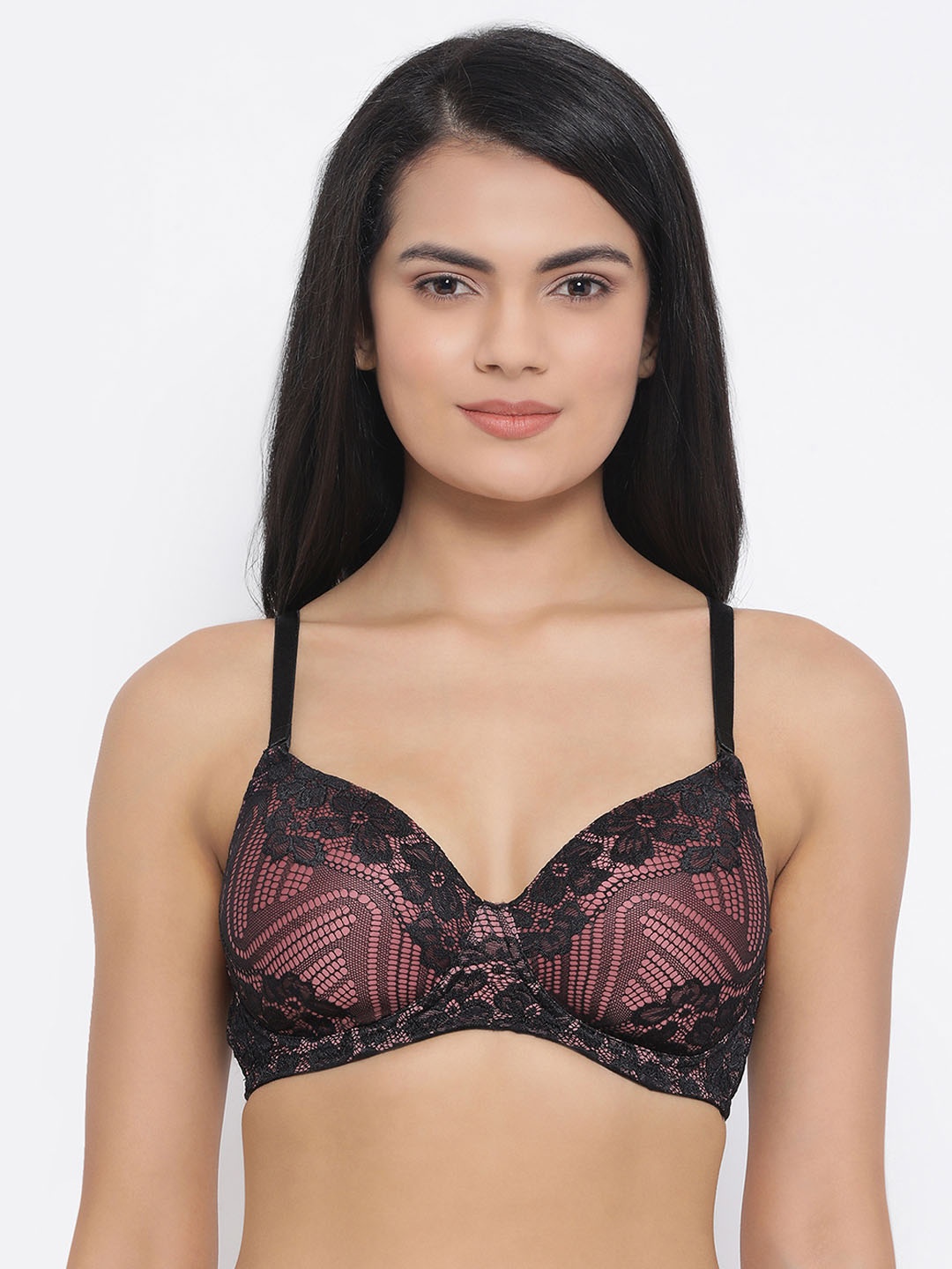 

Clovia Black & Pink Lace Padded Wirefree Demi Cup Bra BR2021A1330B