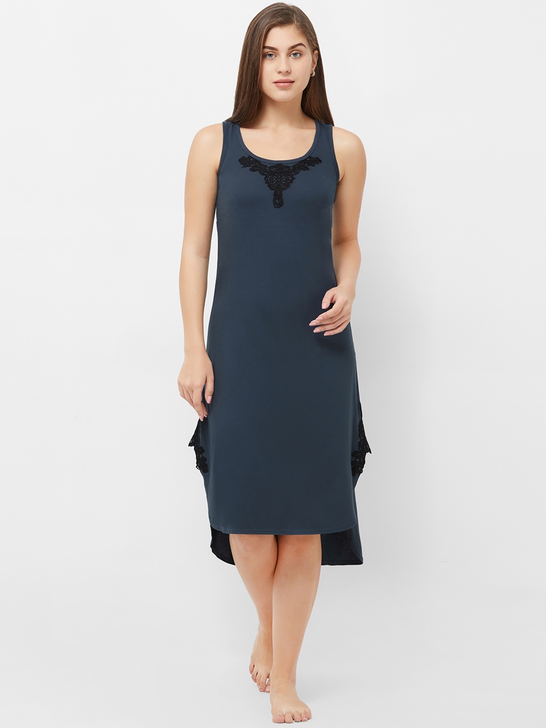 

Soie Navy Blue Solid Knee Length Nightdress