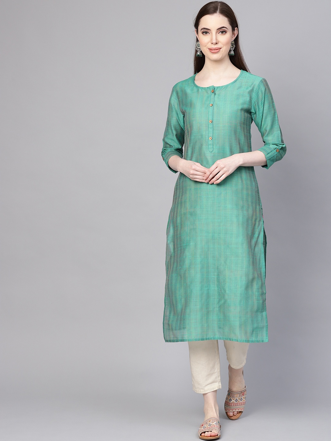 

Varanga Women Green Checked Silk Straight Kurta