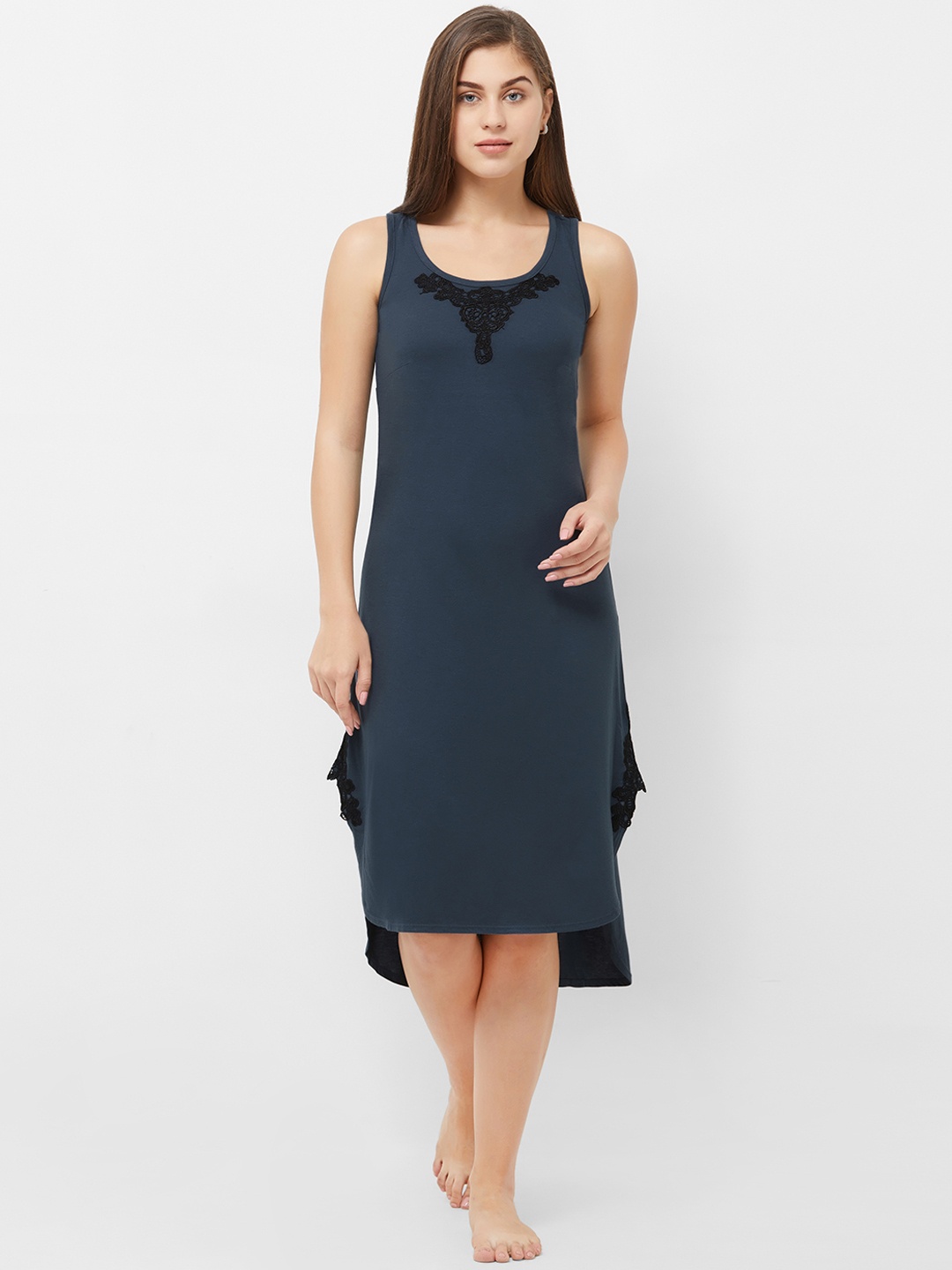 

Soie Navy Blue Solid Knee Length Nightdress