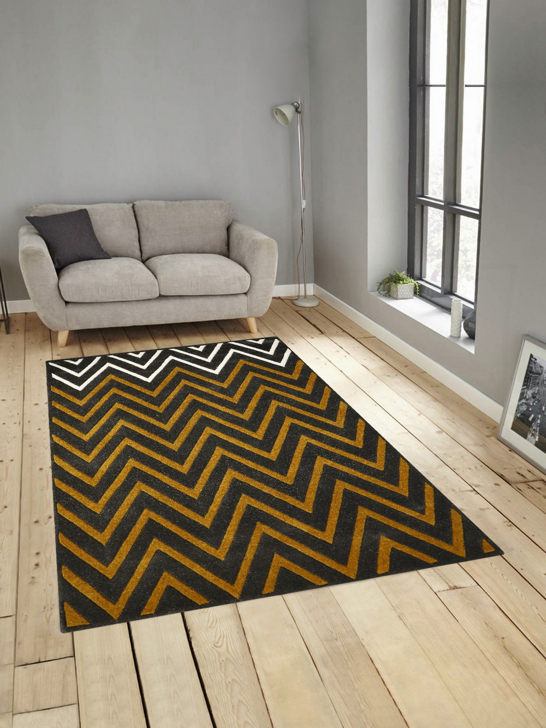 

PRESTO Grey & Yellow Printed Hand Tufted Wool Anti-Skid Carpet