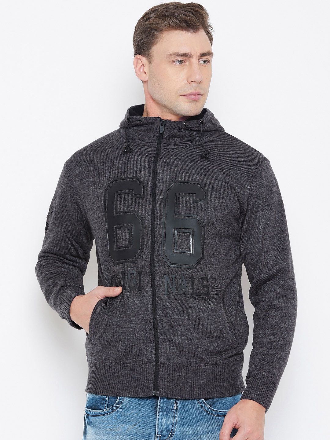 

Duke Men Grey Printed Front-Open Woolen Sweater