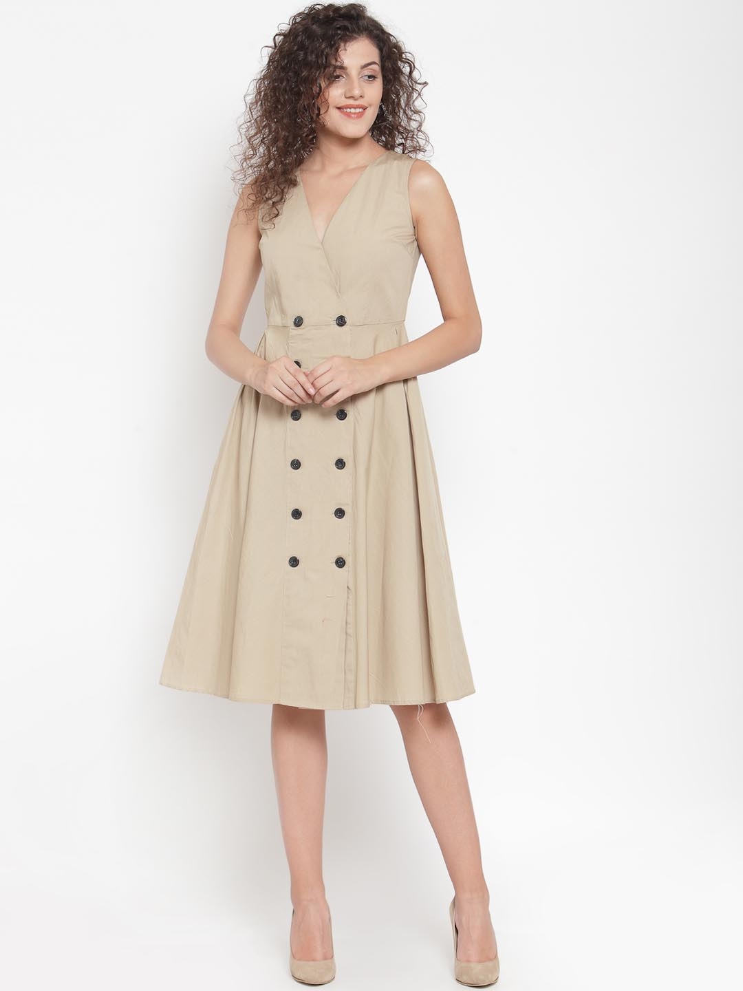 

Purple State Women Beige Solid Fit and Flare Dress