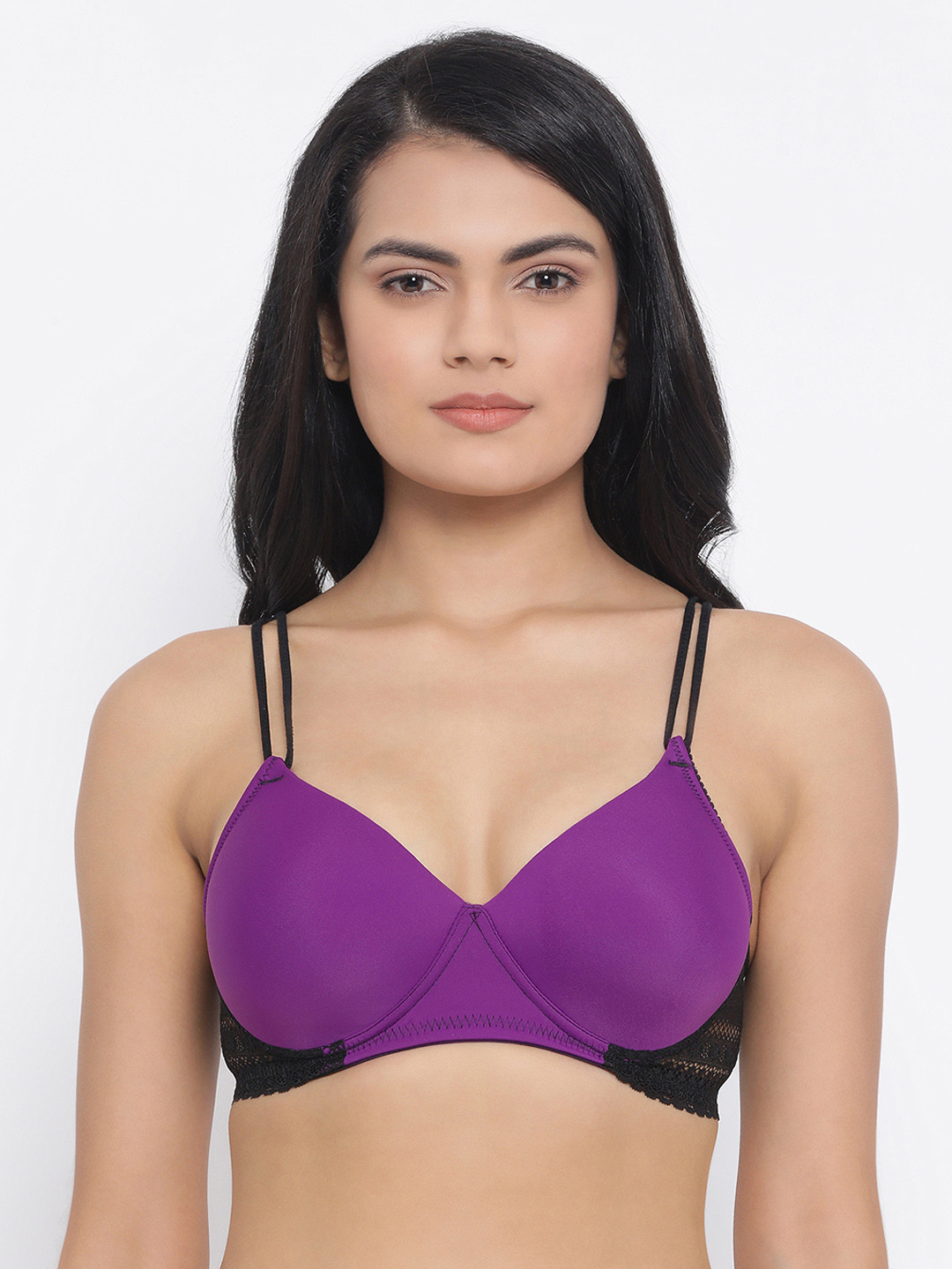 

Clovia Purple & Black Colourblocked Non-Wired Lightly Padded T-shirt Bra BR1874P1532B