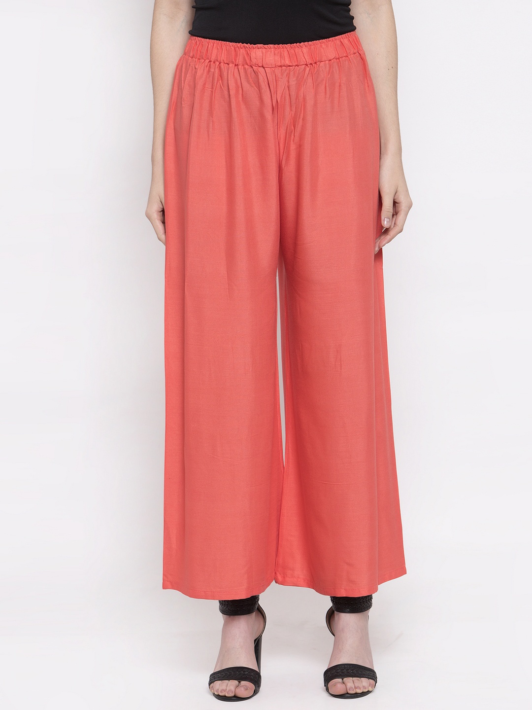 

TAG 7 Women Peach-Coloured Solid Flared Palazzos