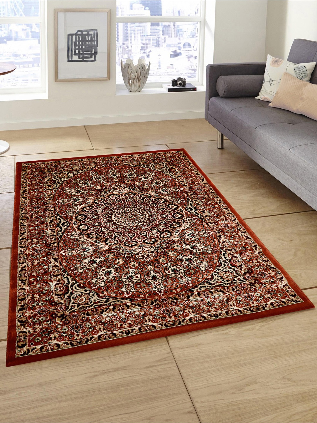 

PRESTO Rust Orange & Black Ethnic Patterned Anti-Skid Carpet