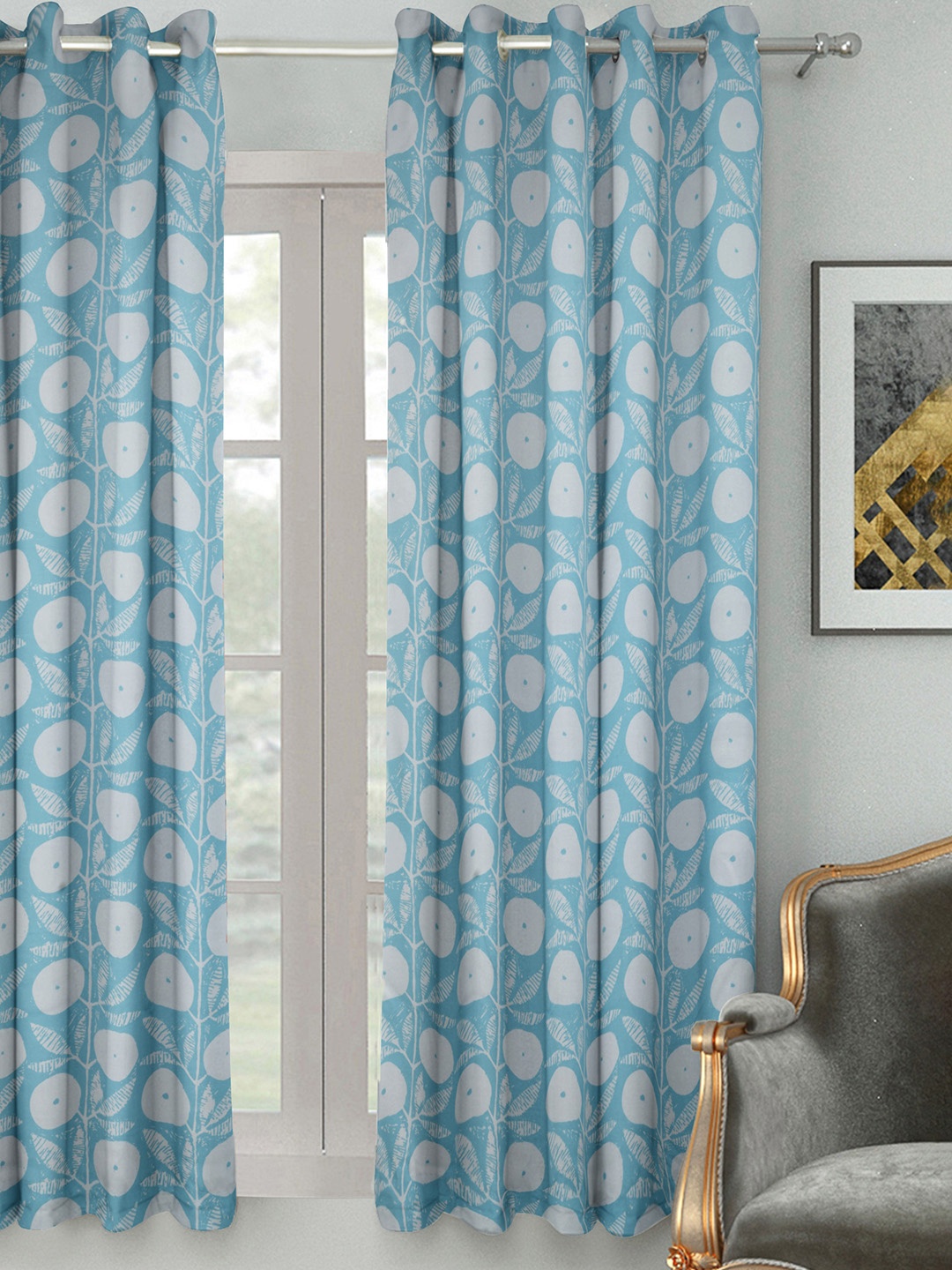 

HOUZZCODE White And Blue PrintedSingle Curtain
