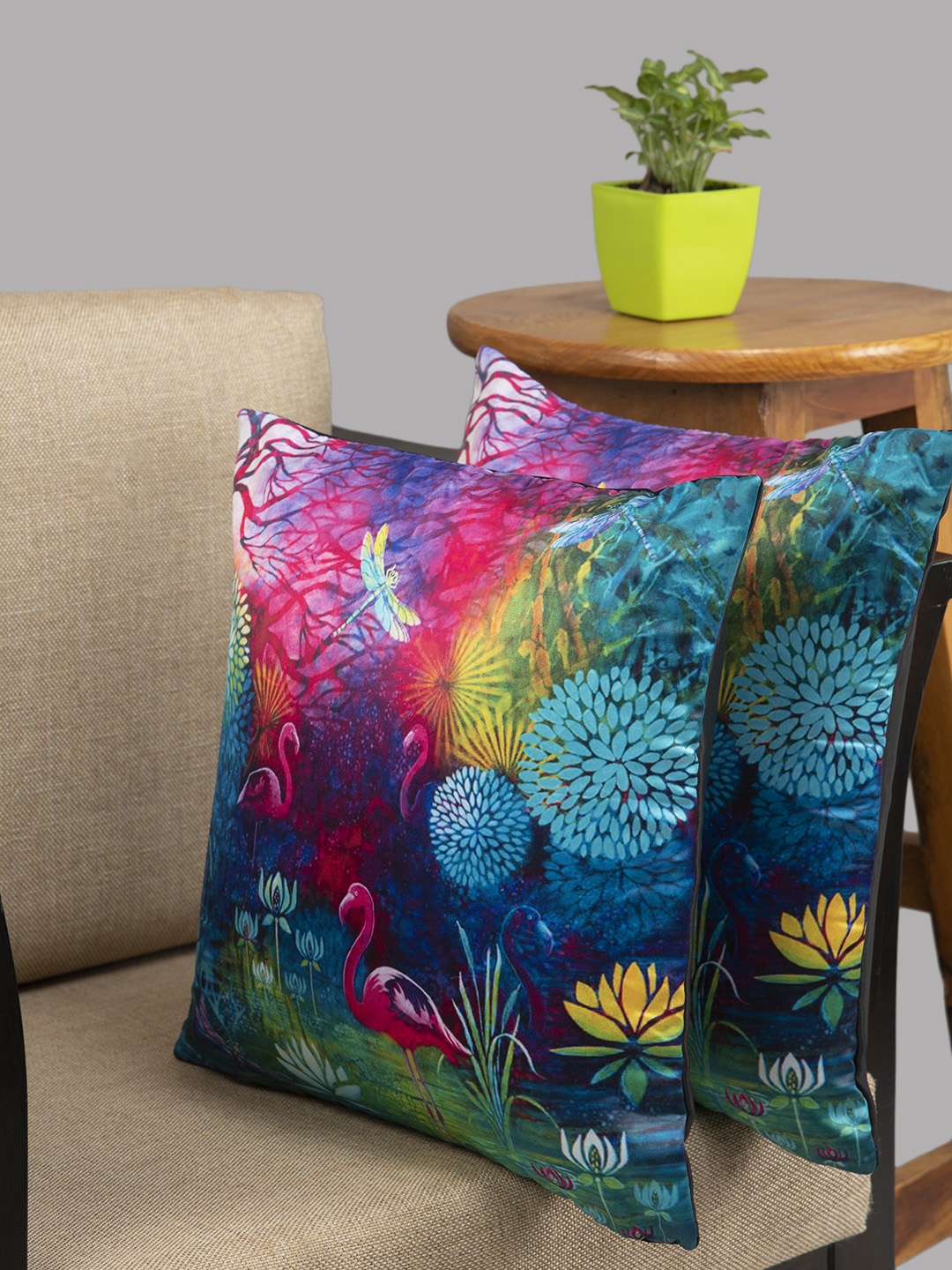 HOUZZCODE Multicoloured Set of 2 Floral Square Cushion Covers, Multi