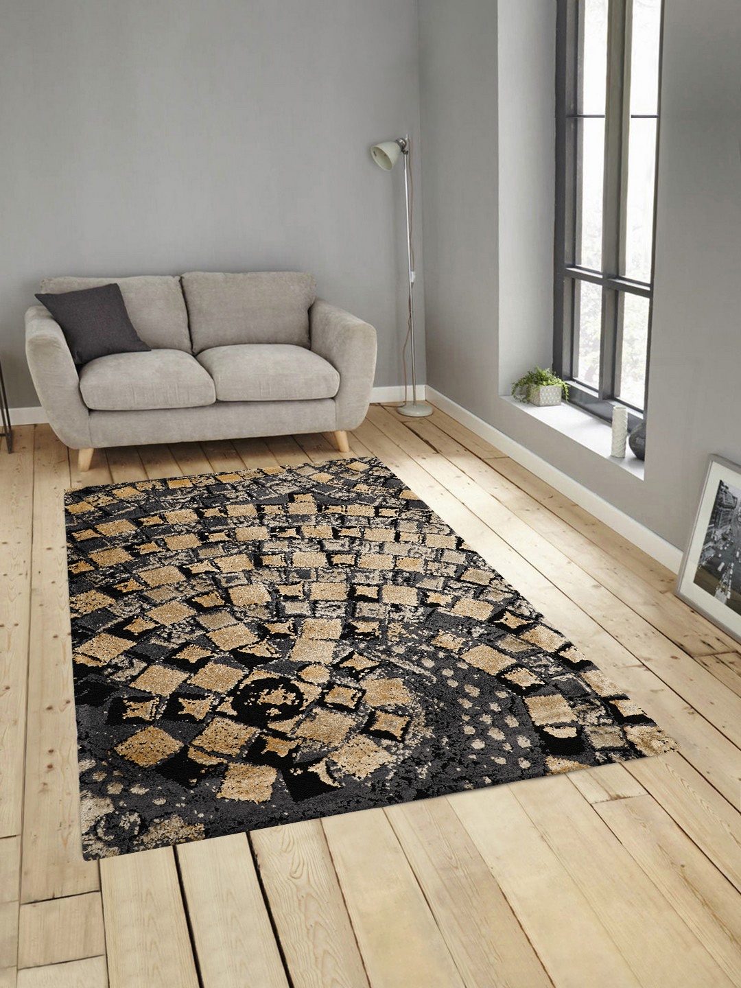 PRESTO Grey & Beige Abstract Anti-Skid Woolen Carpet, Gold