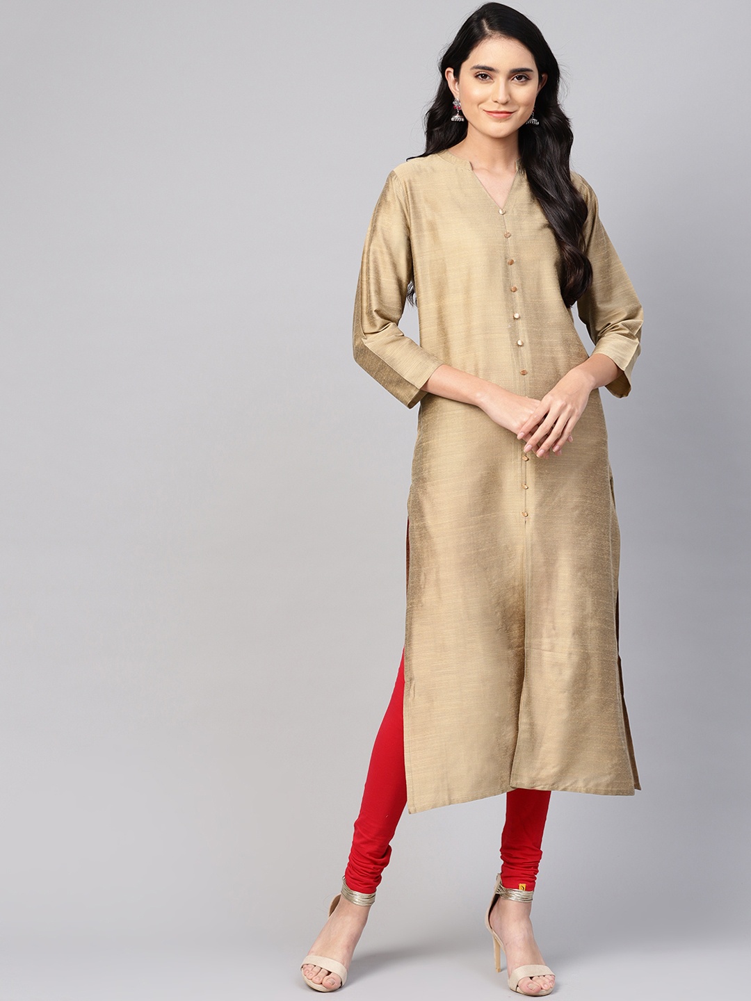 

Varanga Women Beige Solid Silk Straight Kurta