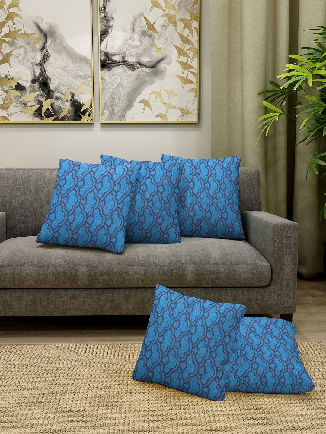 

KLOTTHE Blue Set of 5 Self Design Square Cushion Covers