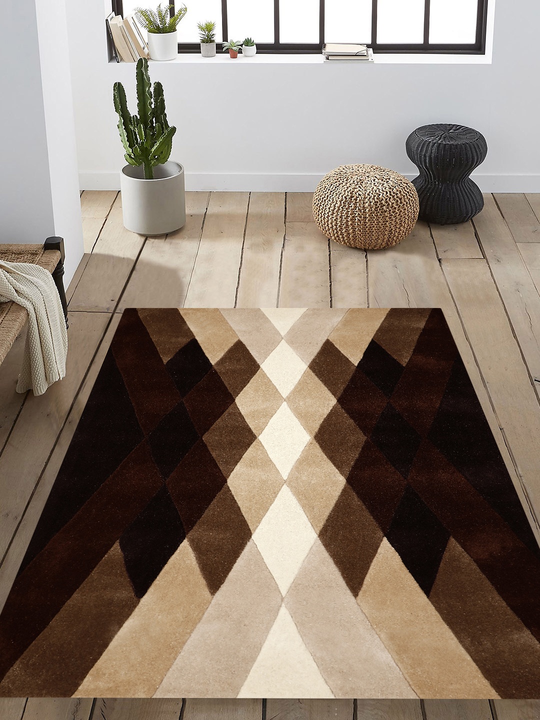 

PRESTO Brown & Beige Geometric Patterned Hand Tufted Anti-Skid Woolen Carpet