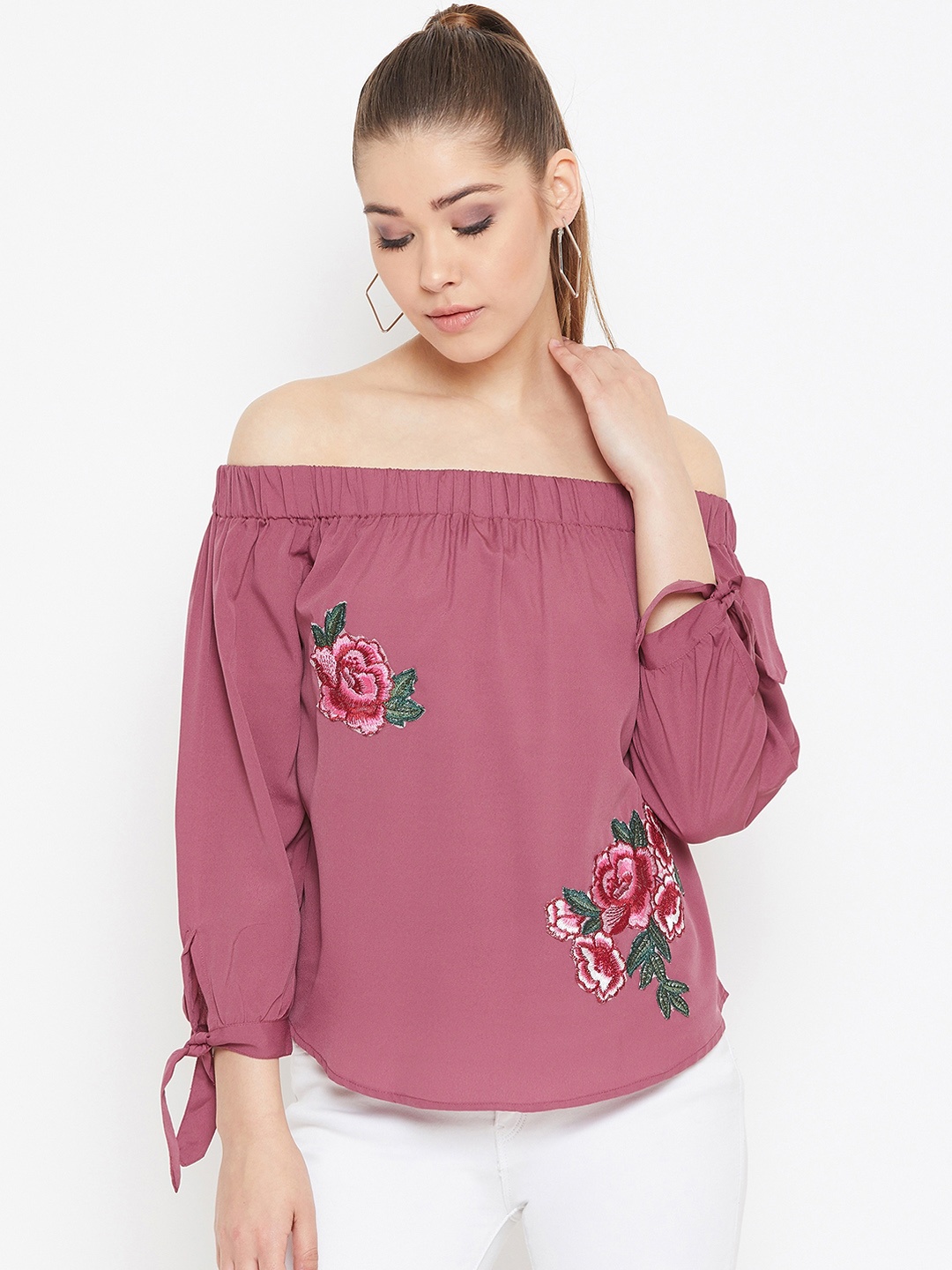 

PURYS Women Pink Embroidered Bardot Top